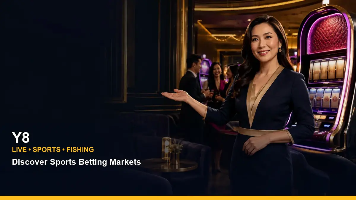 Y8 VIP casino rewards featuring an adult Filipina casino host with a celebratory composition