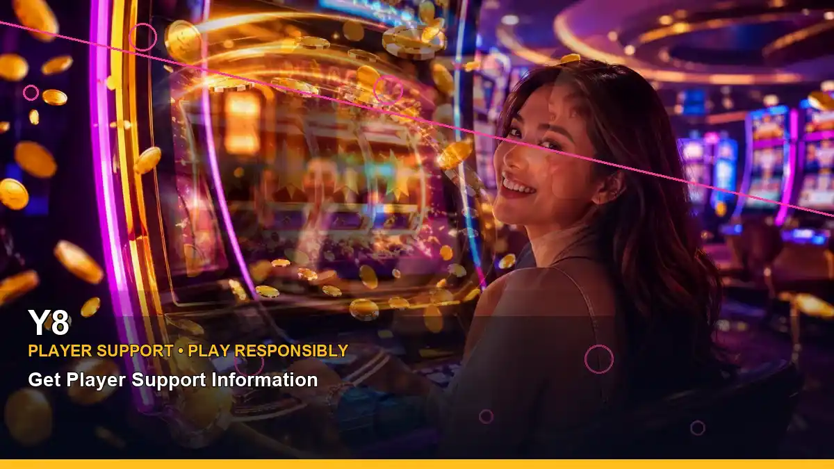 Y8 neon jackpot slot games featuring an adult Filipina casino host with a layered collage composition