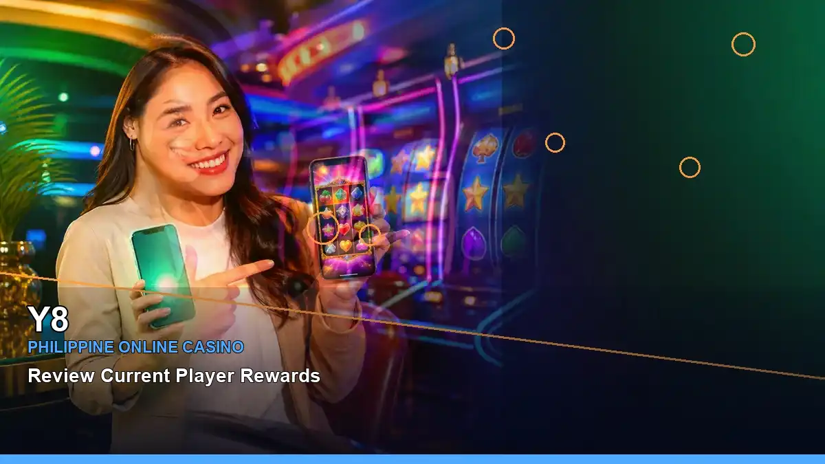 Y8 Philippines casino guide with left close-up adventure online slot games and an adult Filipina casino host